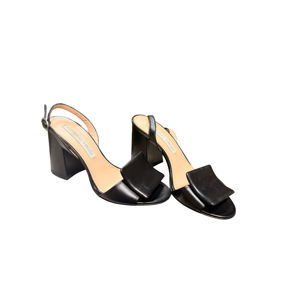 Vittorio Virgili Black Leather Slingback Block Heels Made in Italy EU 36.5